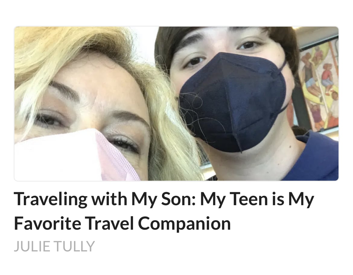 Julie Tully and her son wearing masks